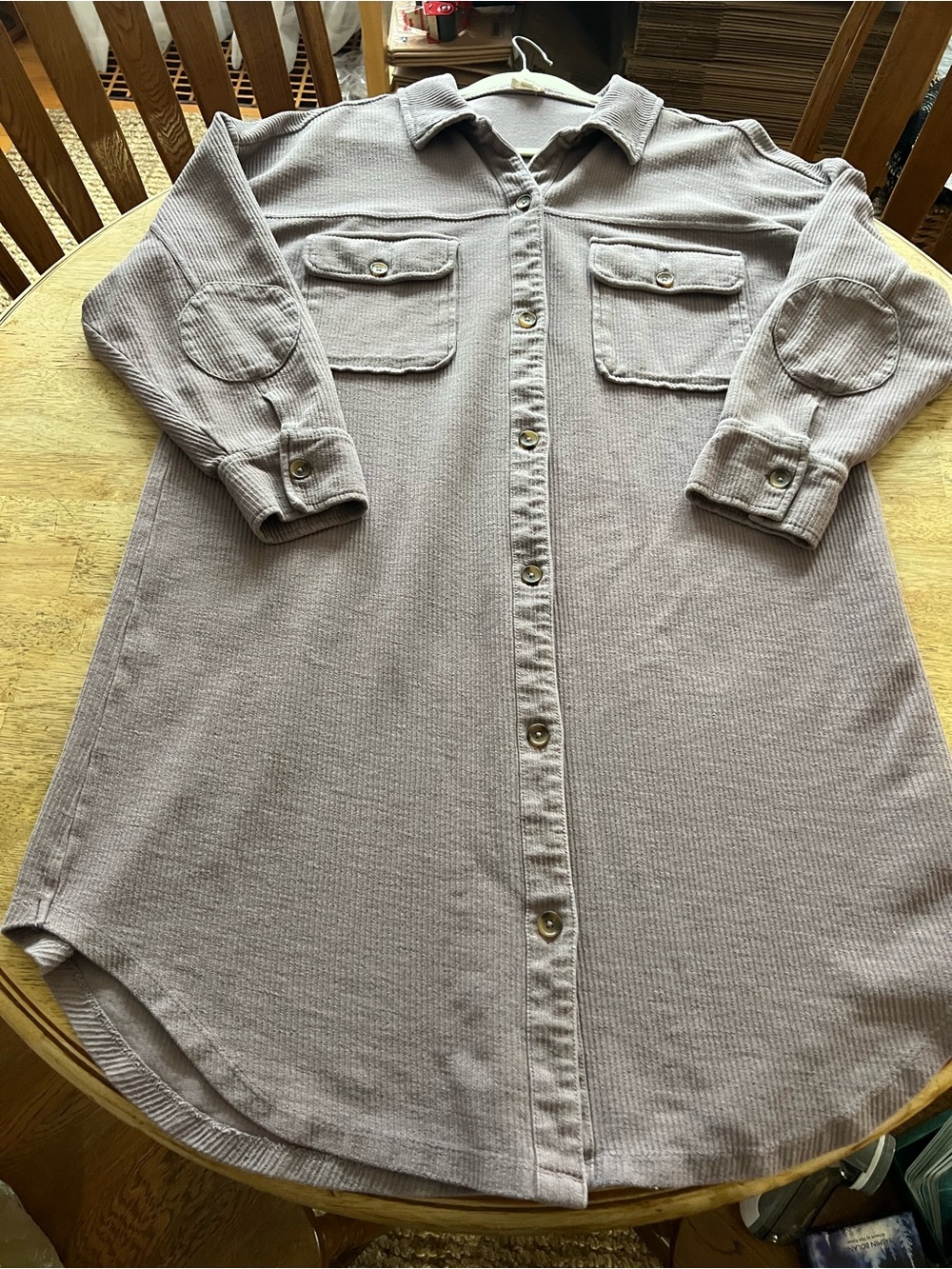 Pilcro Oversized Lavender Button-Front Shirt Dress Patched Elbows